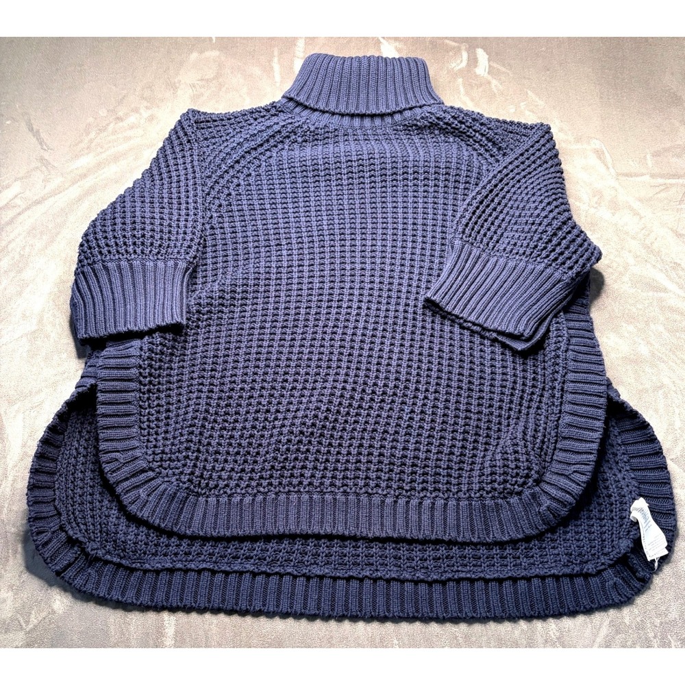 J.Crew Turtleneck Poncho Sweater Womens Sz M Blue Chunky Knit Button Sleeve Cozy